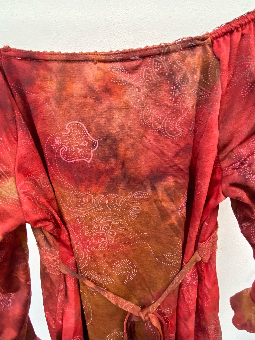 Y2K Red Paisley Babydoll Off Shoulder Tie Back Blouse Size Medium - Picture 6 of 8